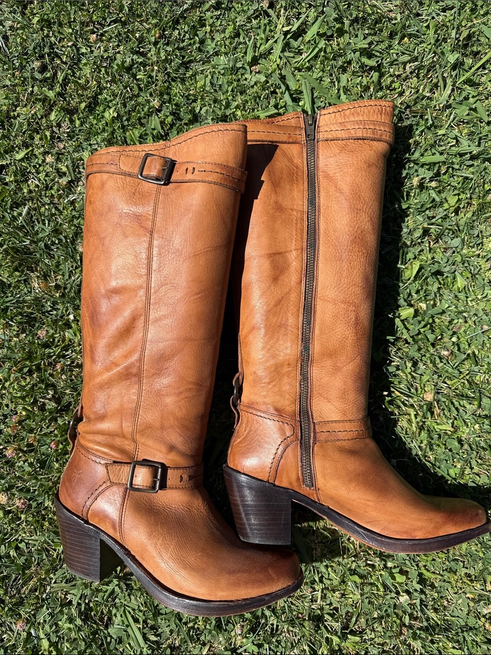 Frye Cognac Leather Mid-Heel Riding Boots